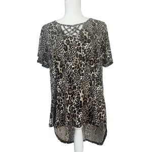 Est. 1946 Womens Leopard Print Short Sleeve Rounded Hem Blouse - Size M